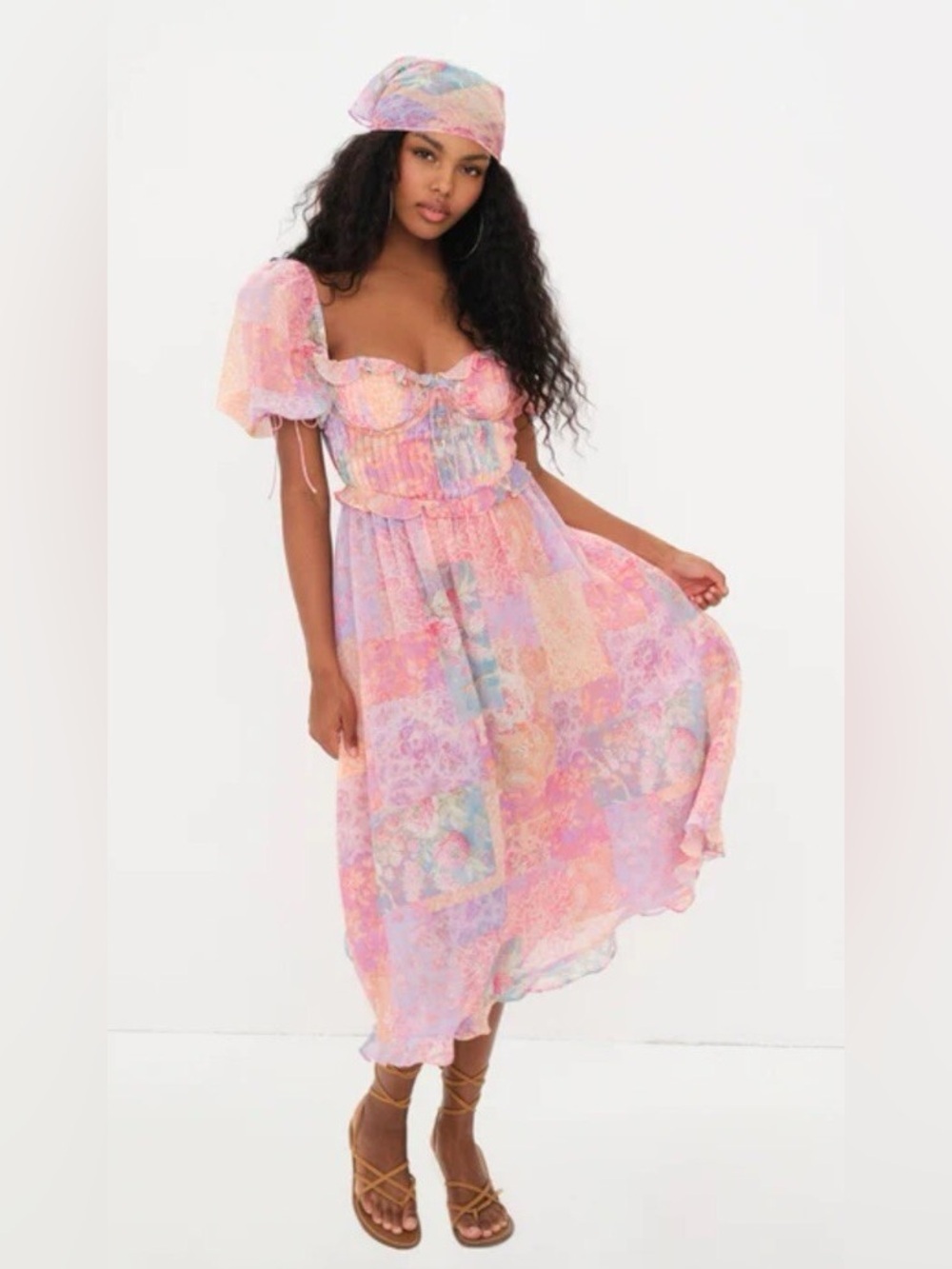 For Love & Lemons Floral Corset Midi Dress Puff Sleeve Cottagecore Coquette S